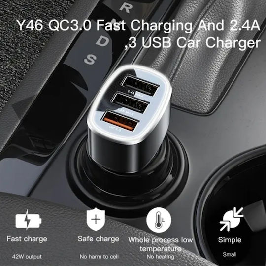 Yesido Car Charger 42W 2.4A Fast Charging with Ports 3xUSB-A Black Color