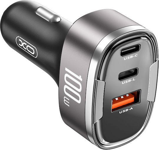 XO CC61 Φορτιστής Αυτοκινήτου 100W 3A με Θύρες: 1xUSB 2xType-C μαζί με Καλώδιο Lightning Μαύρο Χρώμα
