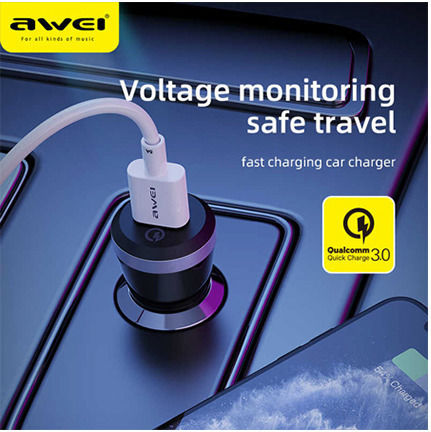 Awei Car Charger 18W 2.4A Fast Charging with one Port: 1xUSB Black Color