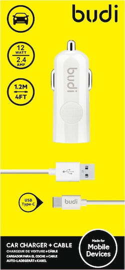 Budi Φορτιστής Αυτοκινήτου 12W 2.4A με μία Θύρα: 1xUSB μαζί με Καλώδιο Type-C Λευκός