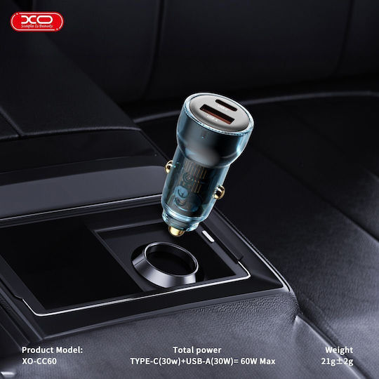 XO CC60 Car Charger 60W 3A with Ports: 1xUSB 1xType-C with Cable Type-C Blue Color