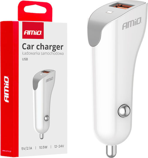 AMiO Car Charger 10.5W 1A with one Port: 1xUSB with Cable Embedded White Color
