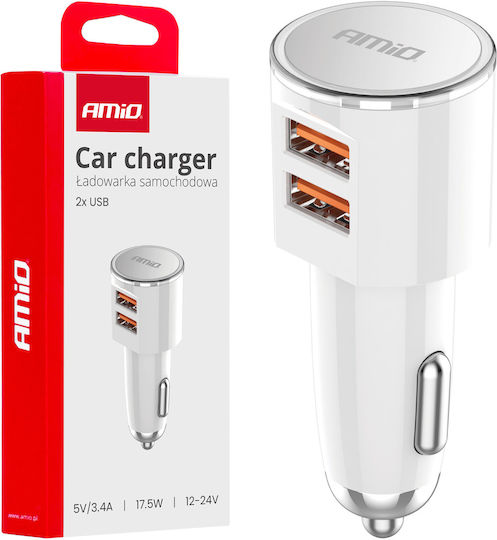 AMiO Încărcător Auto 17.5W 3.4A cu Porturi: 2xUSB Alb Culoare