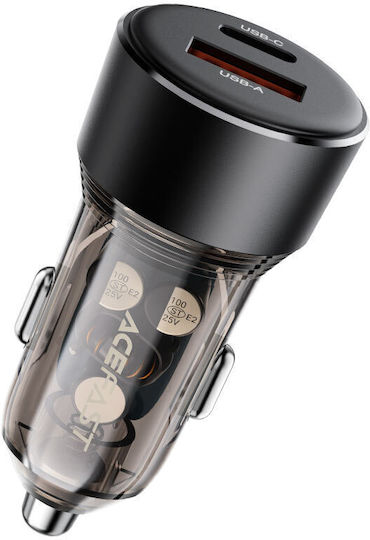 Acefast Car Charger 60W 3A Fast Charging with Ports 1x USB 1x Type-C Black Color