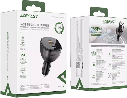 Acefast Acefast Auto-Ladegerät 165W 5A Schnellladen mit Anschlüssen: 1xUSB 1xType-C 1xLeichter Schwarz Farbe