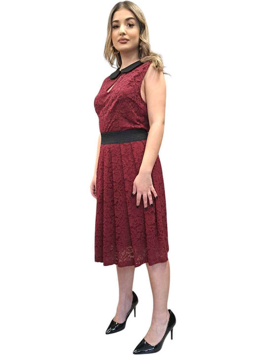 Summer Midi Evening Dress with Burgundy Lace