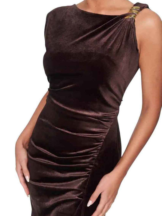 Midi Evening Dress Velvet with Slit Black, Burgundy, Brown