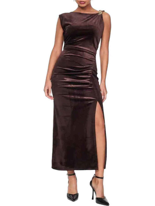 Midi Evening Dress Velvet with Slit Black, Burgundy, Brown