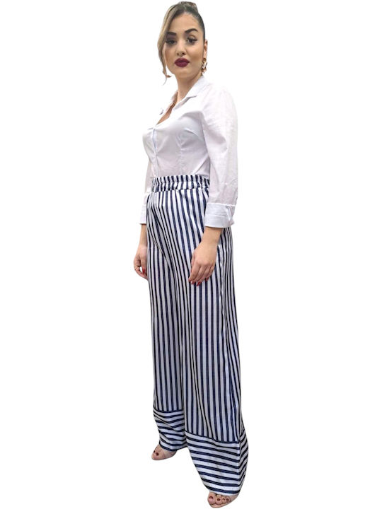 Women's Trousers with Rubber Band in Wide Leg Style Striped Blue