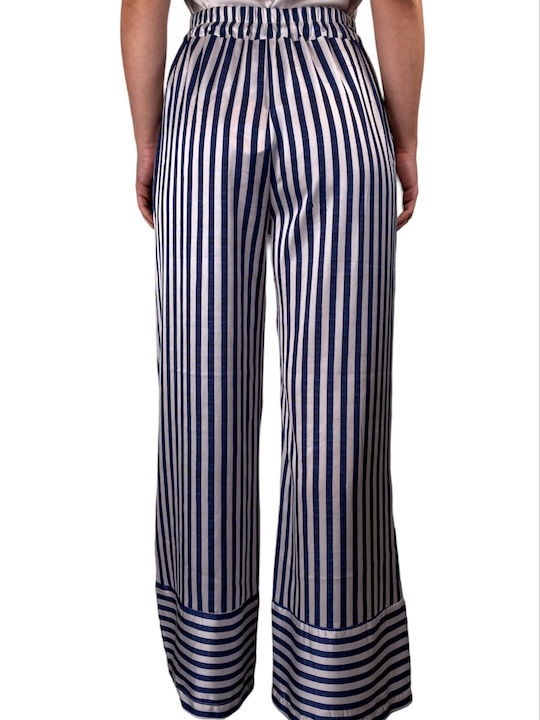 Women's Trousers with Rubber Band in Wide Leg Style Striped Blue