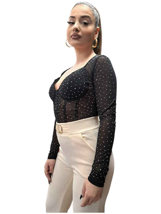 Schwarzer transparenter Body mit Strasssteinen Schwarz