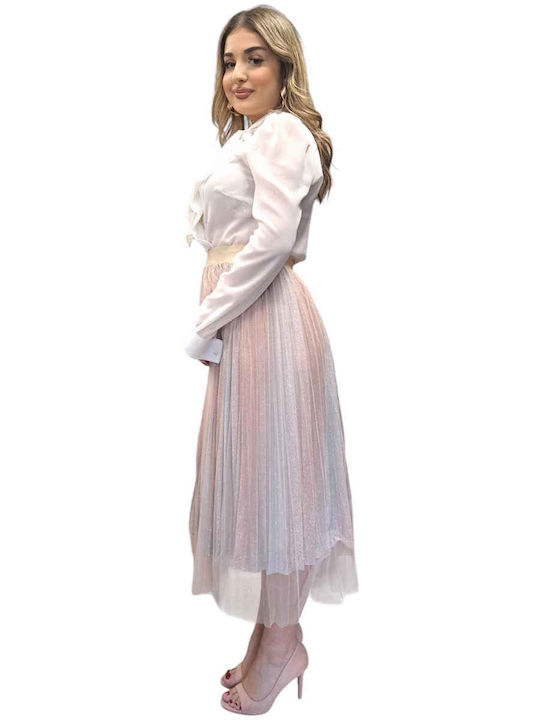 Pleated Midi Skirt with Tulle Ecru