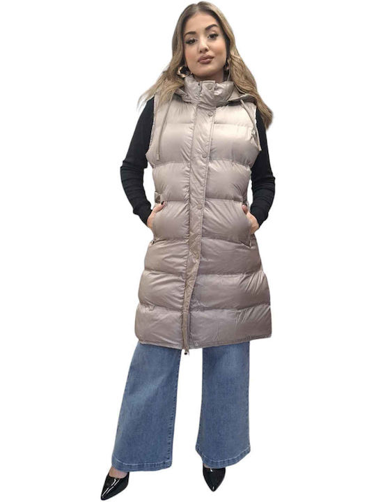 Lang Damen Ärmellos Puffer Jacke für Winter Beige
