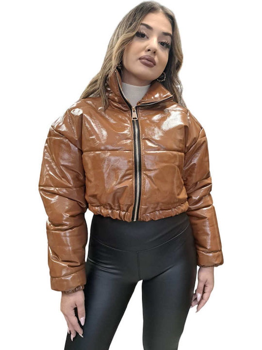 Women's Short Puffer Artificial Leather Jacket for Winter Brown