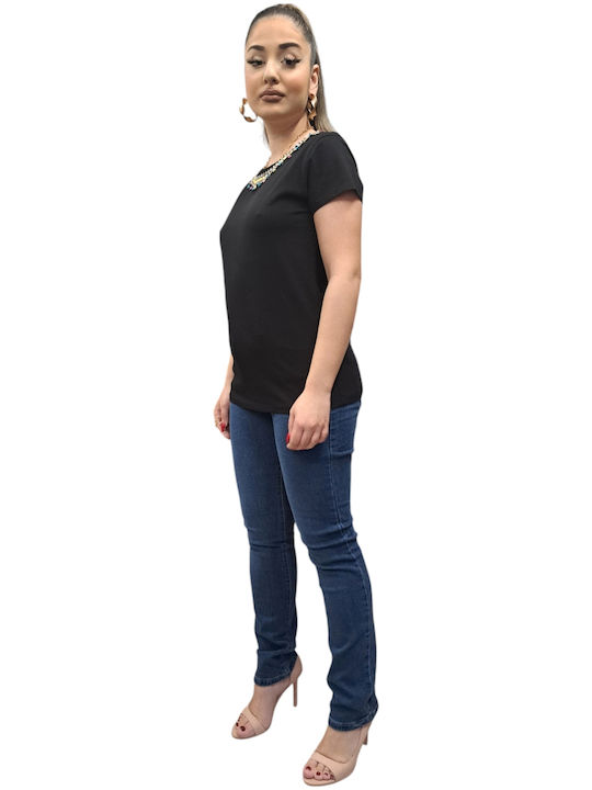 Damen T-Shirt mit Ziersteinen Schwarz