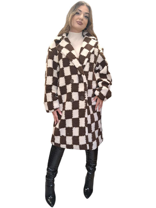 Дамско Проверено Кафяв Палто Oversized с копчета