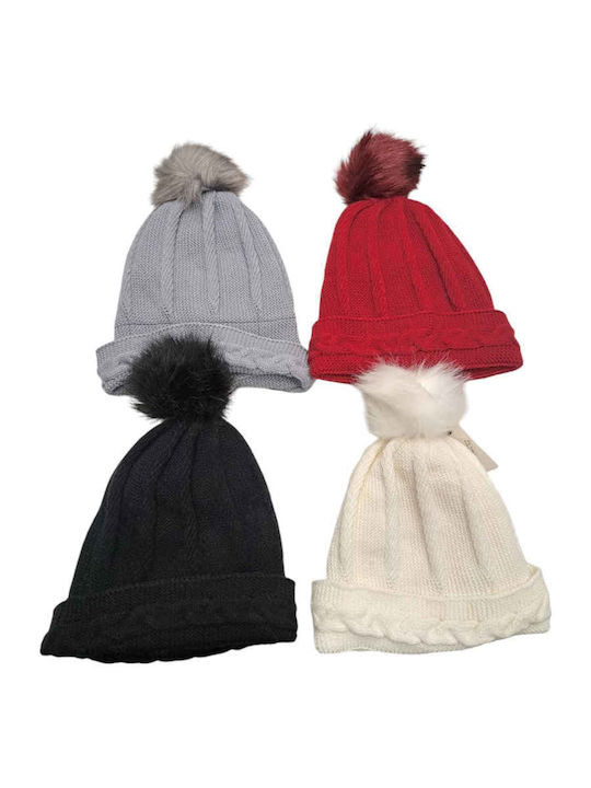 Pom Pom Beanie Beanie Knitted in White color
