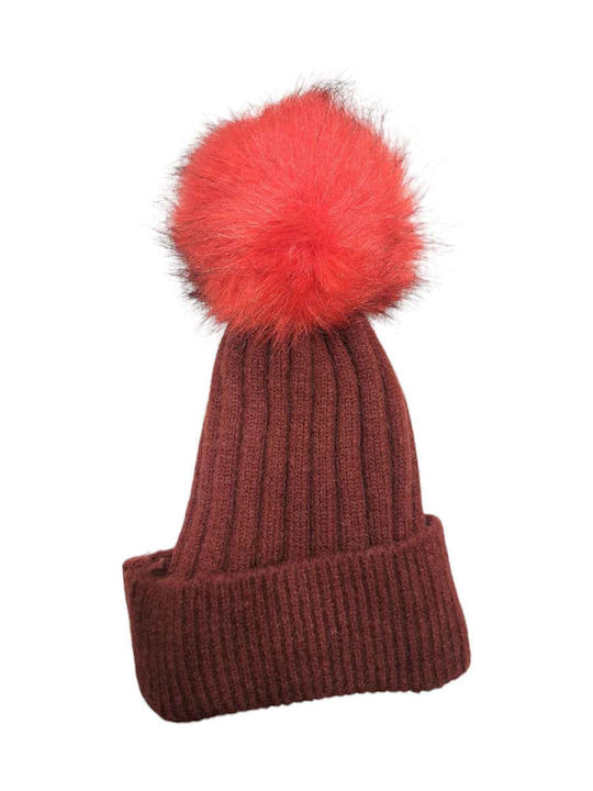 Pom Pom Beanie Unisex Beanie Knitted in Burgundy color