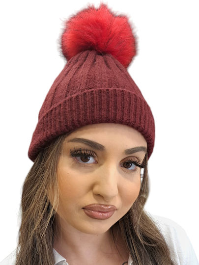 Pom Pom Beanie Unisex Beanie Knitted in Burgundy color