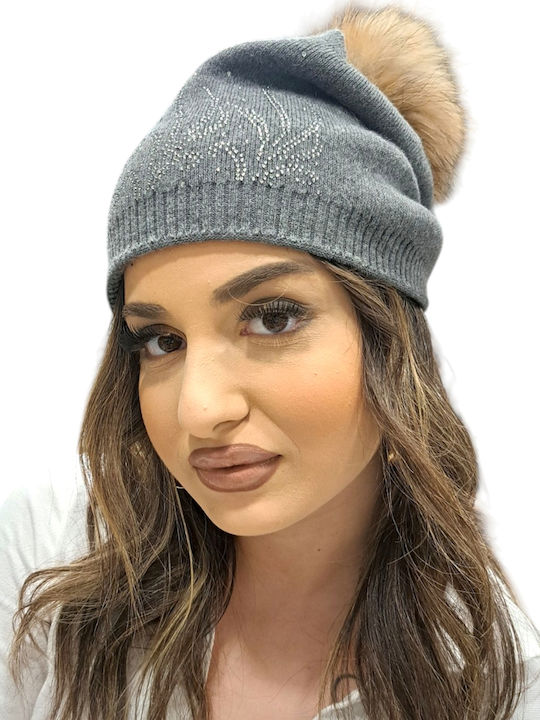 Pom Pom Beanie Γυναικείος Σκούφος Πλεκτός σε Γκρι χρώμα