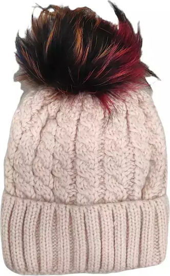 Pom Pom Beanie Γυναικείος Σκούφος με Πλεξούδες σε Μπεζ χρώμα