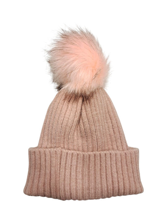 Pom Pom Beanie Unisex Σκούφος Πλεκτός σε Ροζ χρώμα