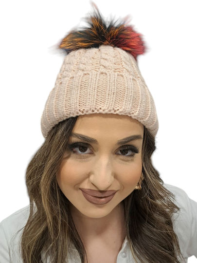 Pom Pom Beanie Γυναικείος Σκούφος με Πλεξούδες σε Μπεζ χρώμα