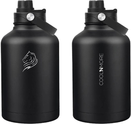Cool'NMore Stainless Steel Thermos Bottle BPA Free 1.5lt Jet Black with Mouthpiece Loop Straw and Handle