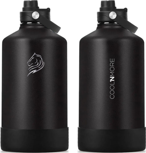Cool'NMore Jet Thermos Bottle Stainless Steel BPA Free 4l Jet Black with Mouthpiece Loop Straw and Handle