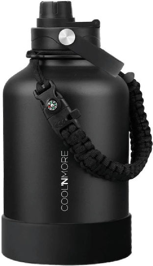 Cool'NMore Stainless Steel Thermos Bottle BPA Free 1.5lt Jet Black with Mouthpiece Loop Straw and Handle