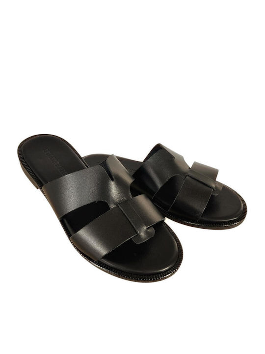 Leather Women's Flat Sandals in Black Color