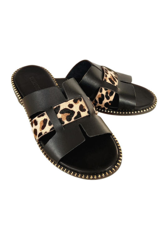 Leather Women's Flat Sandals in Black Color