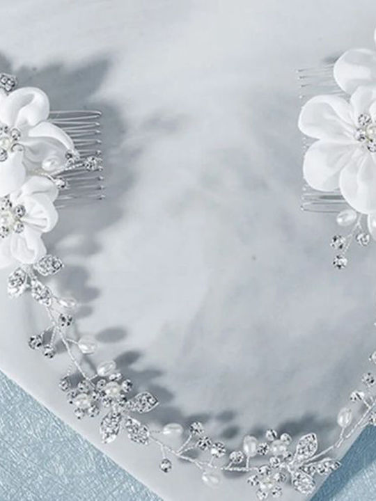 Bridal Hair Decoration Satin Flowers Pearls Crystals Calandra Total Length 31 Cm Large Comb Flowers Size 9 X 5.5 Cm Smaller Comb Flowers Size 5 X 4.5 Cm