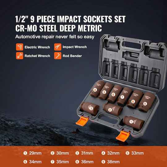 Vevor Nüsse Pneumatisch Sechskant Lange mit Vierkant-Antrieb 1/2" Set 9Stück