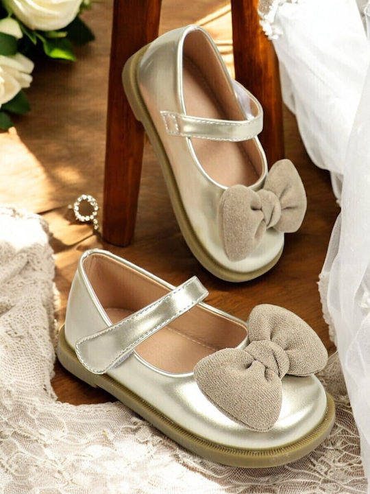 Kids Leather Ballerinas with Hoop & Loop Closure Gold