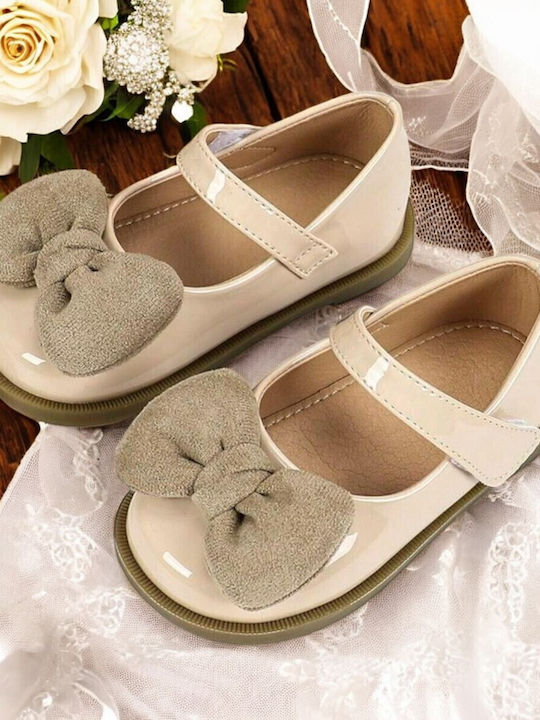 Kids Leather Ballerinas with Hoop & Loop Closure Beige