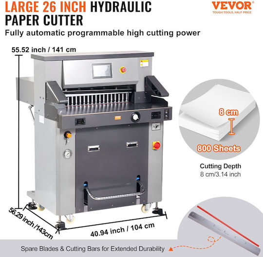 Vevor Electric Hydraulic Paper Cutter 26" Πλάτος Κοπής 3 14" Πάχος 7" Οθόνη