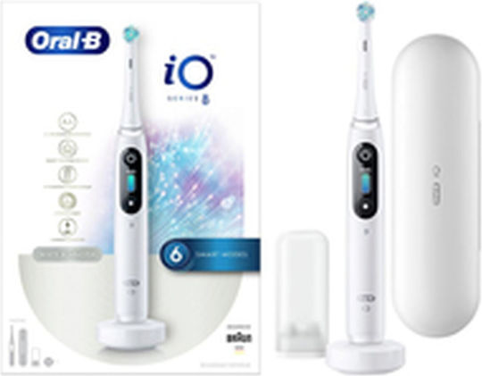 Oral-B Alabaster Series Io8 Periuță de dinți electrică cu Senzor de Presiune și Husă de Călătorie Albă