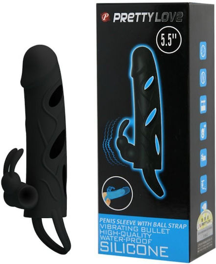 Pretty Love Silicone Vibrating Sleeve Προέκταση Πέους με Δόνηση Μαύρη 14cm