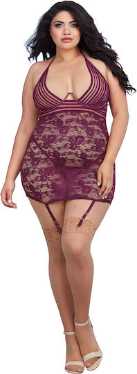 Dreamgirl Sexy Lingerie Set with Lace and Garters Purple Plus Size