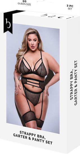Baci Lingerie Sexy Σετ Εσωρούχων με Δαντέλα & Ζαρτιέρες Μαύρο Plus Size 3τμχ