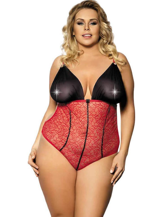 Anais Apparel Fosco Plus Size Sexy Κορμάκι με Διαφάνεια & Δαντέλα Red