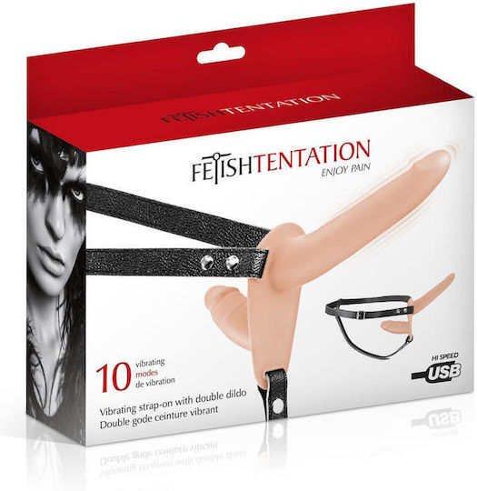 Fetish Tentation Fetish Tentation Harness with Double Dildo 15.5cm and Vibration in skin color