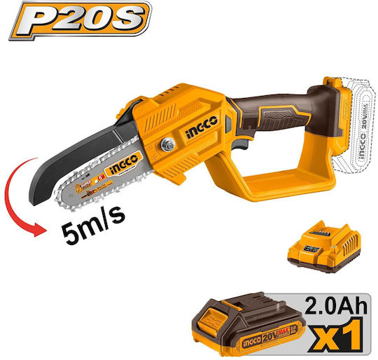 Ingco Pruning Battery Chainsaw 1x2Ah Brushless 20V 2.6kg with Blade 13cm