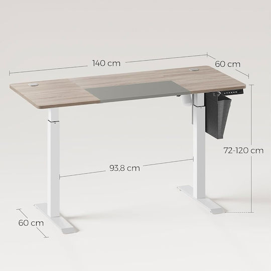 Electric Desk Wooden White with Metal Legs & Adjustable Height 140x60x72cm