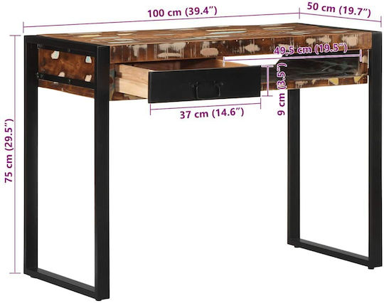 Birou din Lemn Masiv Multicolor cu Picioare Metalice 100x50x75cm