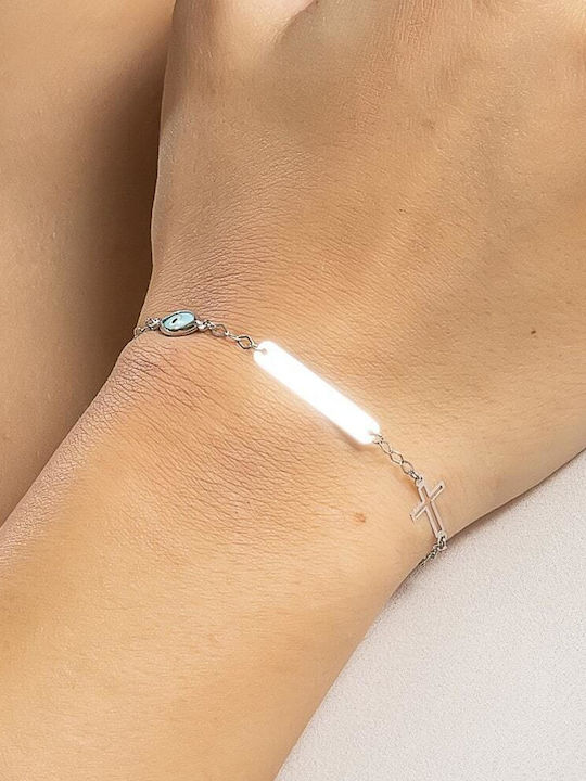 Eforo Kinderarmband ID aus Weißgold 9K mit Σταυρό & Böses Auge