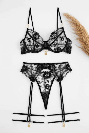 Decoro Sexy Σετ Εσωρούχων με Διαφάνεια & Ζαρτιέρες Μαύρο