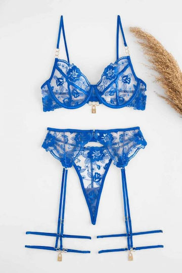 Decoro Sexy Σετ Εσωρούχων με Διαφάνεια & Ζαρτιέρες Μπλε