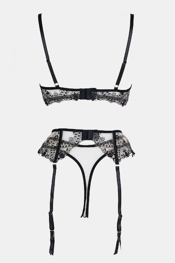 Decoro Set Sexy De Lenjerie Cu Transparență Și Jartiere Negre